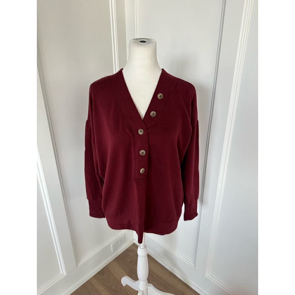 Lou and Grey Womens Burgundy Signaturesoft Henley Sweatshirt Size Small